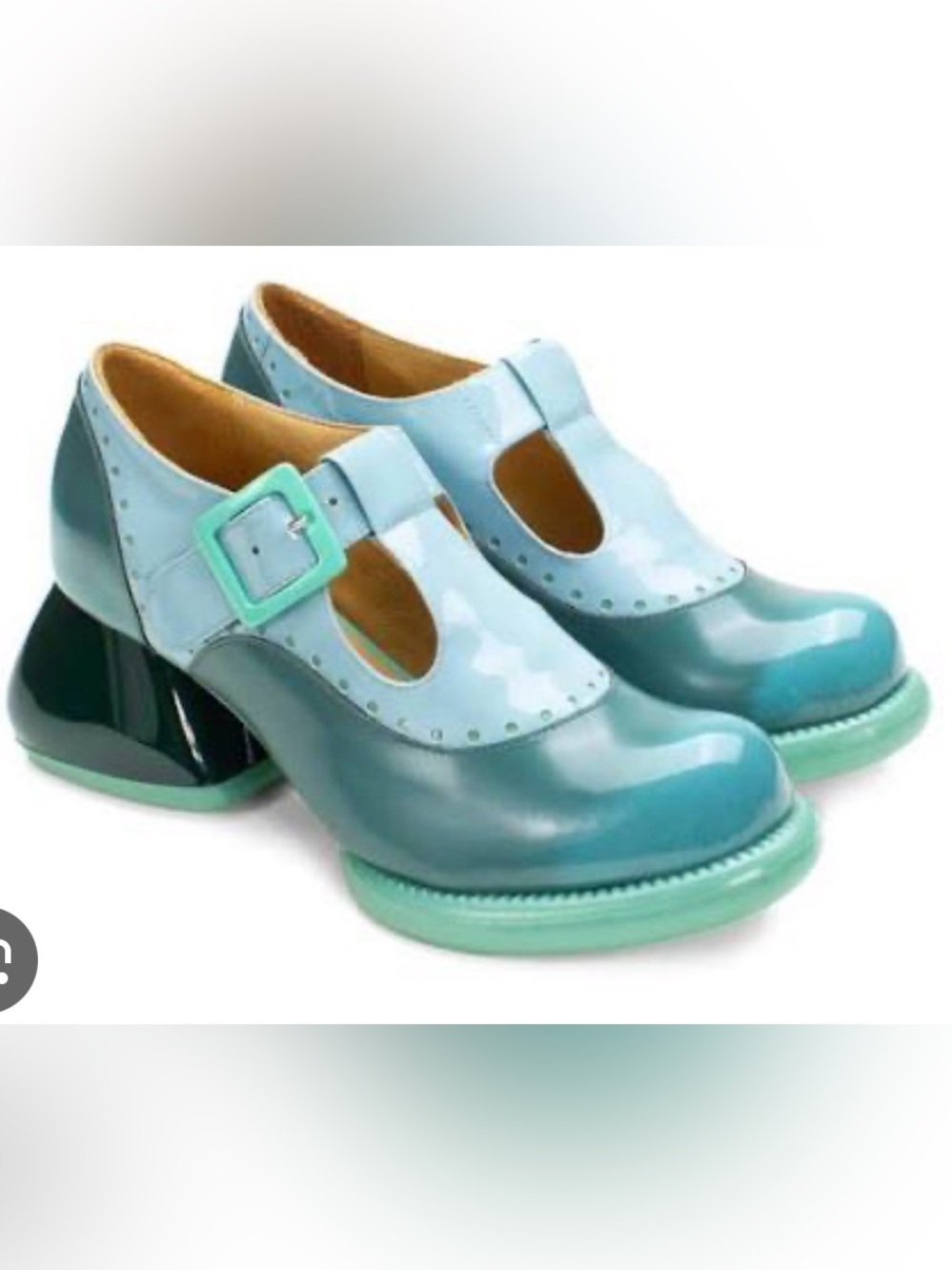 Fluevog NEW WO BOX F-Trip Hockney turquoise/patent green T-strap chunky heel -6